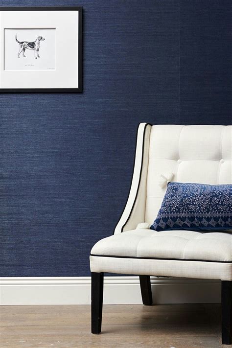 Navy Grasscloth Wallpaper Office