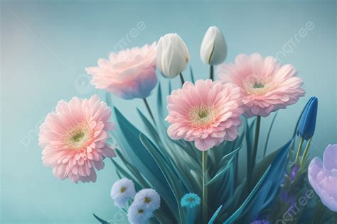 Beautiful Flowers On A Pastel Blue Background Romantic Aesthetic ...