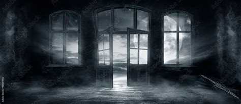 Dark scary fantasy room with windows and doors. Big moon, night sky ...