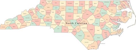 Multi Color North Carolina Map with Counties and County Names