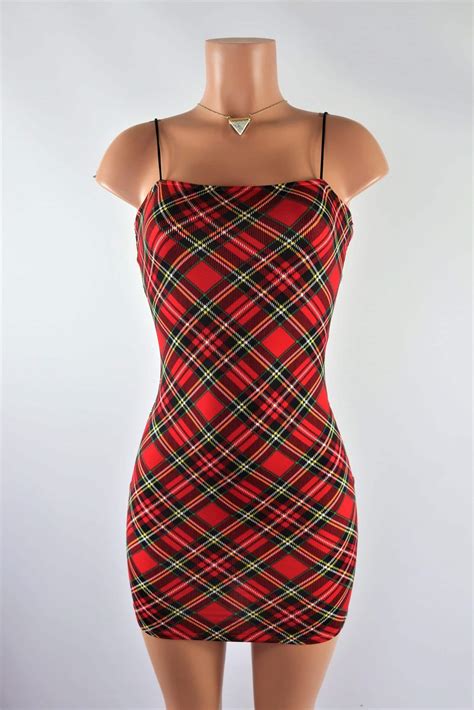 Ally Dress - Plaid square neck sexy red mini dress with spaghetti straps.