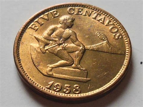 1958 Philippine 5 Five Centavos Coin Brass KM187 1st Year Issued AU ...