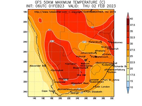 Maximum Daily Temperature GFS Forecast Map for South Africa