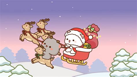 Peach & Goma Christmas Reindeer Sleigh Ride Wallpaper - Kawaii Hoshi