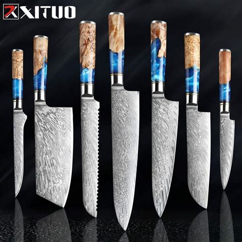 New selling Kitchen Knives Set Damascus Steel Chefs Knife Blue Resin Handle | eBay