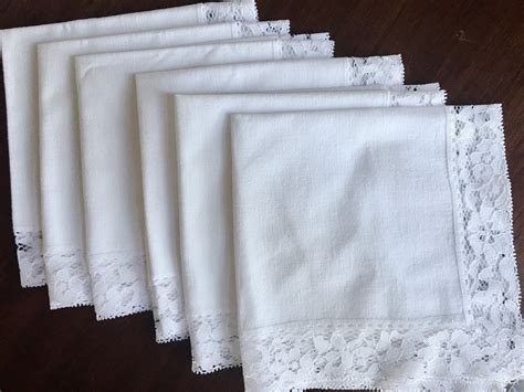 Linen Lace Napkins Set of 6, White Dinner Napkins 16 Inch, Cottage ...