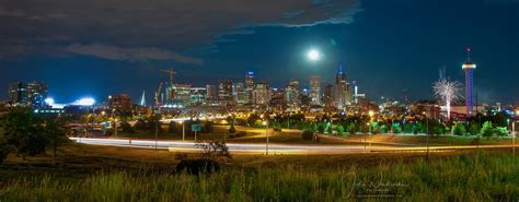 Panoramic Photo of Denver Night Skyline & Elitch Gardens Fireworks