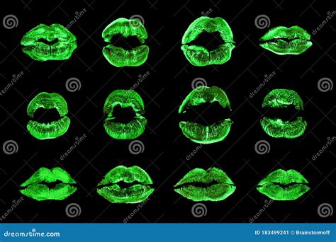 Green Lipstick Kiss Print Set Black Background Isolated Closeup, Neon ...