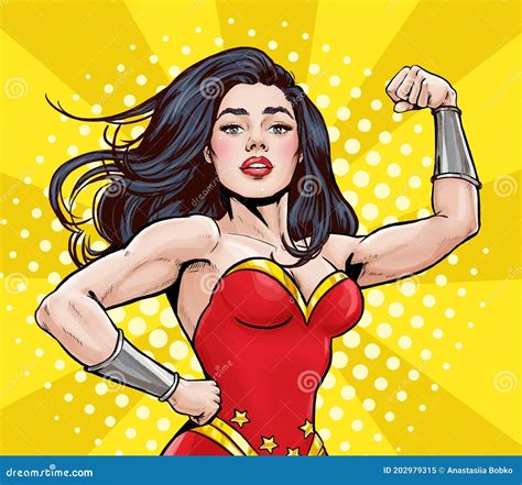 Pop Art Super Hero Woman. Girl Power Advertising Poster. Comic Woman Showing Her Biceps ...