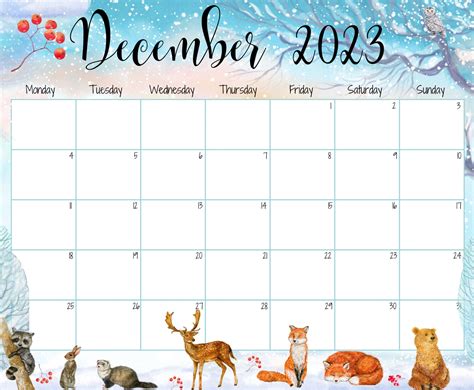 EDITABLE December 2023 Calendar, Cute Animals, Beautiful Winter ...