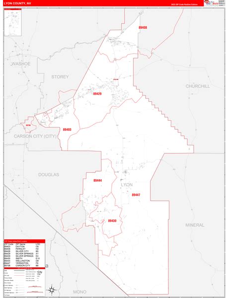 Lyon County, NV Zip Code Wall Map Red Line Style by MarketMAPS - MapSales