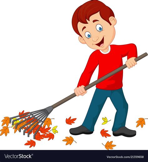 Cartoon happy boy raking leaves vector image on | Raking leaves, Kids ...