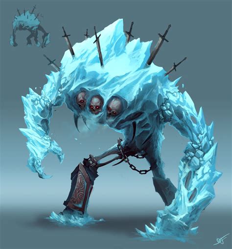 an ice monster with two skulls on its face and arms, holding a hammer in his hand