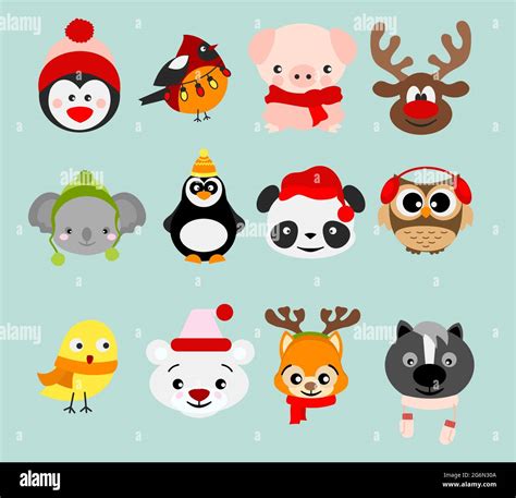 Vector illustration set of winter cute animals in Christmas costumes ...