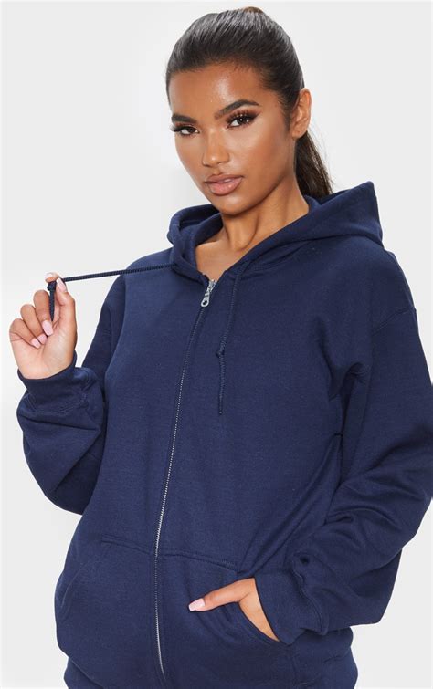 Navy Zip Hoodie | Tops | PrettyLittleThing CA