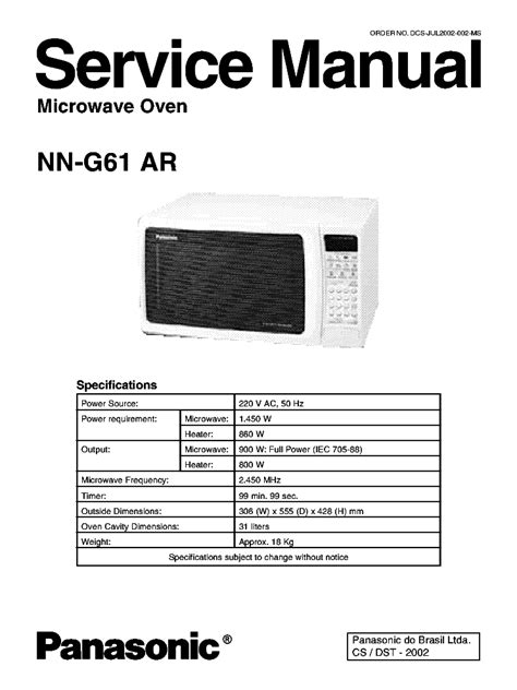 PANASONIC NN-G61AR MICROWAVE OVEN Service Manual download, schematics ...