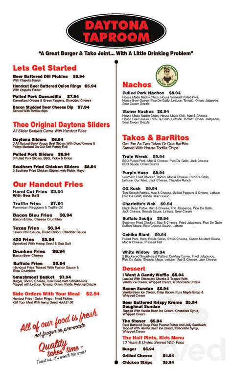 Daytona Taproom menu in Daytona Beach, Florida, USA