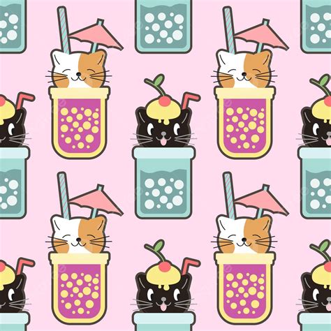 Cute Bubble Tea Pattern With Kawaii Cats And Fruity Drinks Vector, Animals, Design, Background ...