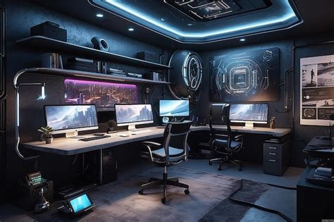 Premium Photo | Cyberpunk Home Office Futuristic Fusion in Urban Workspace