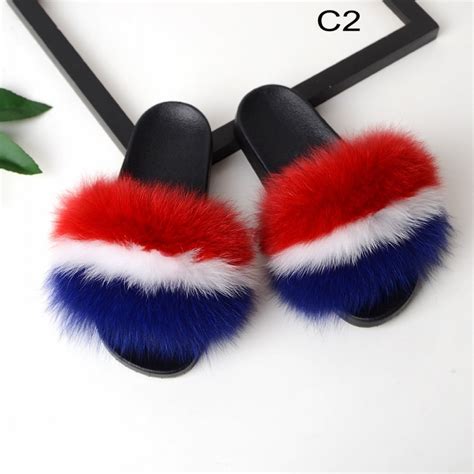 Women's Fox Fur Slides Rainbow Color Furry Open Toe Outdoor Fur Slippers