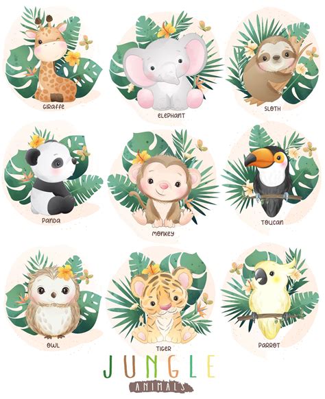 Cute jungle animals clipart with watercolor illustration