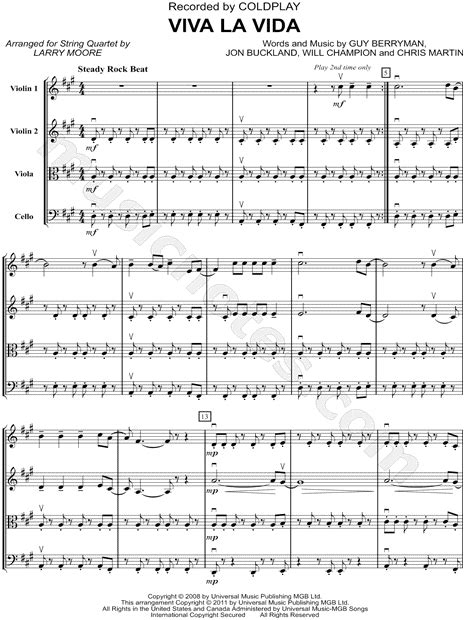 Viva la Vida - String Quartet by Coldplay Sheet Music Collection (String Quartet, Score & Parts ...