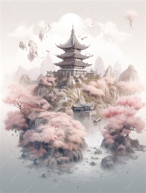 Premium AI Image | A painting of a japanese castle with pink flowers on it