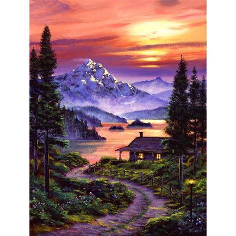 Sunset house - Model SQD311209 | Landscape paintings, Lake painting, Oil painting landscape