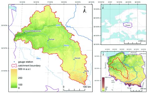 Map of the Warta River basin with the locations of hydrometric stations ...