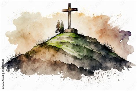 cross on hill in aquarelle style, ai generated Stock Illustration ...