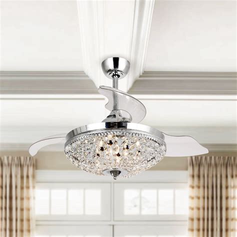 42 Inch Crystal Ceiling Fan with Remote Control Retractable 3-Blades Contemporary Chandelier Fan ...