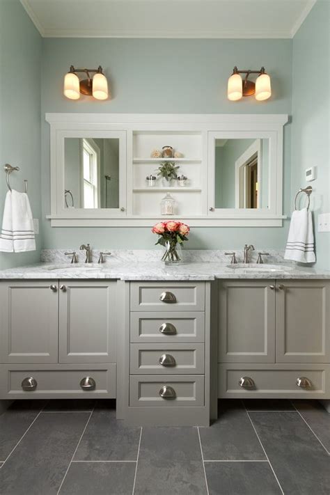 Master Bathroom With Double Vanity, Marble Countertop, Mint Walls, Slate Tile Flooring Pictures ...