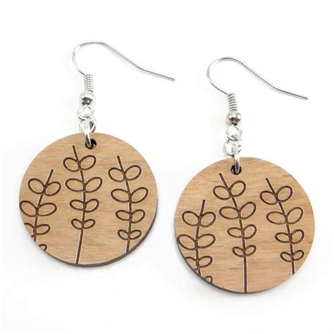 Minimalist Leaf Wood Engraved Earring, Line Art Earring, Round, Charm ...