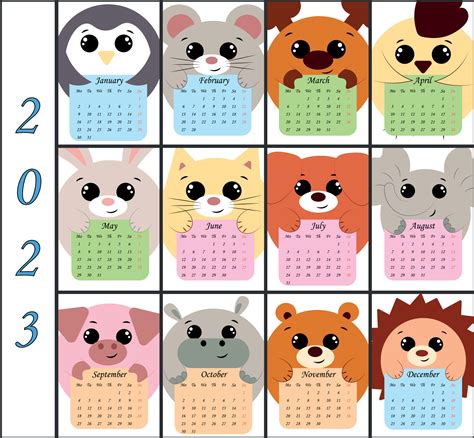 Calendar for 2023 with cute round characters animals 14471545 Vector ...