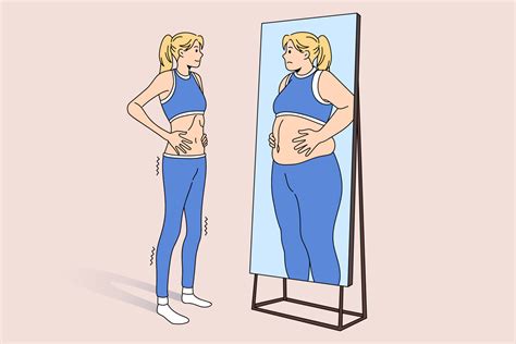 Unwell skinny girl look in mirror see fat obese reflection. Upset thin slim woman suffer from ...