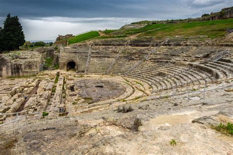 Ancient Theater Greek Architecture in Historic City Syracuse on the ...