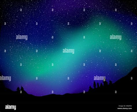 Northern lights. Background with night sky, stars and forest Stock Photo - Alamy