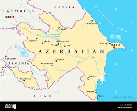 Azerbaijan Political Map with capital Baku, national borders, most ...