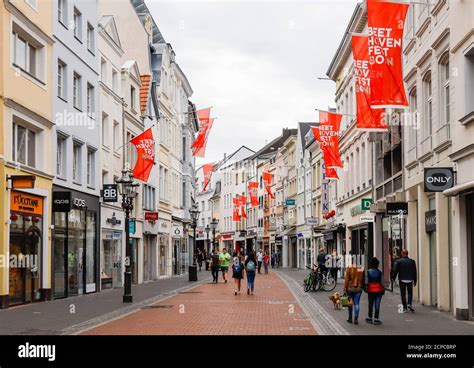 Bonn, North Rhine-Westphalia, Germany - pedestrian zone with flags ...