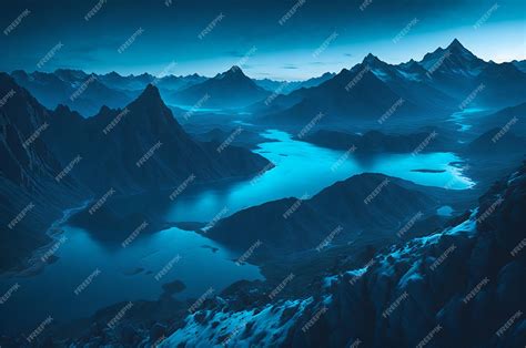 Premium AI Image | A blue mountain landscape with mountains and a lake