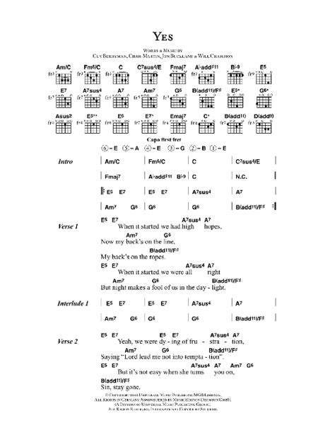 Yes by Coldplay Sheet Music for Guitar Chords/Lyrics at Sheet Music Direct