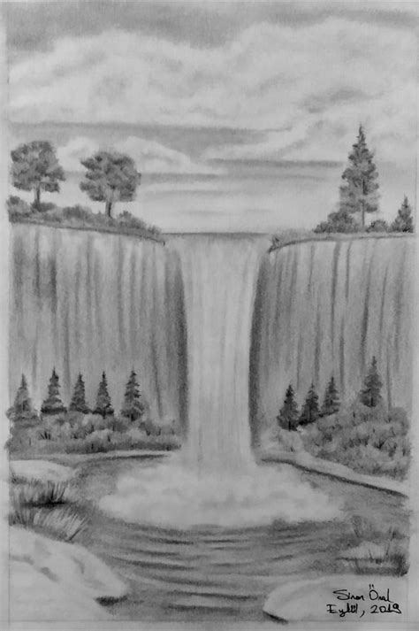 Waterfall Drawing 16x24 | Waterfall drawing, Drawing scenery, Landscape drawings