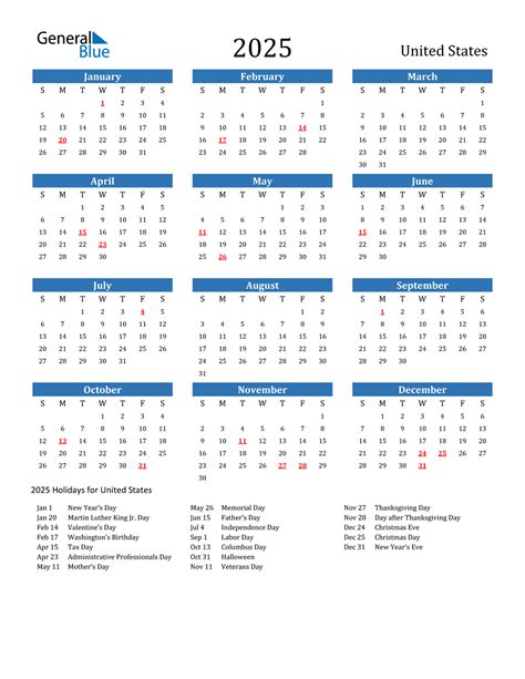 2025 United States Calendar with Holidays