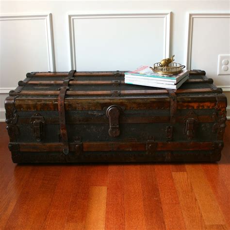 Huge Antique Steamer Trunk. Coffee Table. Flat Top. Canvas.