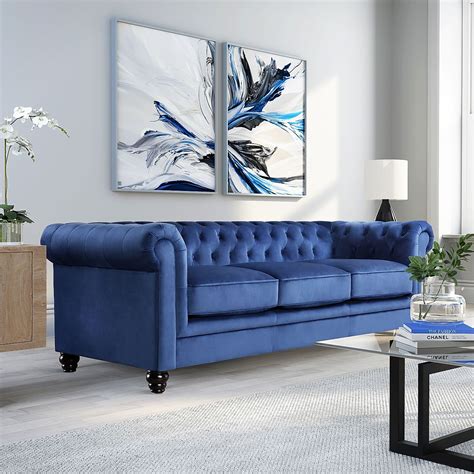 Hampton Blue Velvet Chesterfield Sofa 3 Seater | Furniture Choice