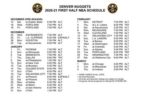 Denver Nuggets Printable Schedule - Free Printable Templates