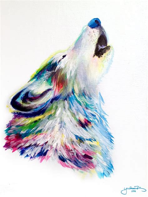 Colorful Wolf Howling Modern Acrylic Painting on Canvas