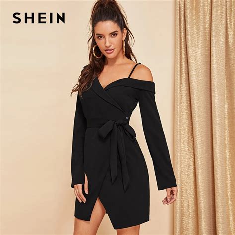 Aliexpress.com : Buy SHEIN Black Asymmetric Shoulder Wrap Dress Party Sheath Short A Line Plain ...