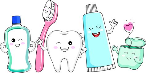 Cute cartoon tooth character with mouthwash, toothbrush, toothpaste and dental floss. Dental ...