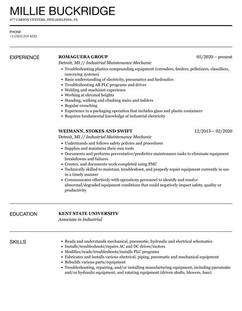 Industrial Maintenance Mechanic Resume Samples | Velvet Jobs